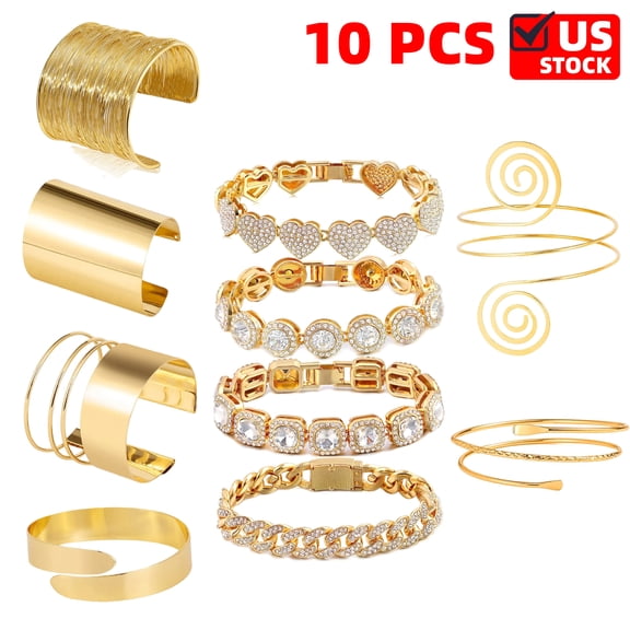 Gold Arm Cuff Bracelet Set 10 PCS - 6 Minimalist Simple Swirl Open Wide Wire Upper Arm Band Bracelets for Women, Adjustable Bangle - 4 Heart Round Zircon Cuban Bracelet