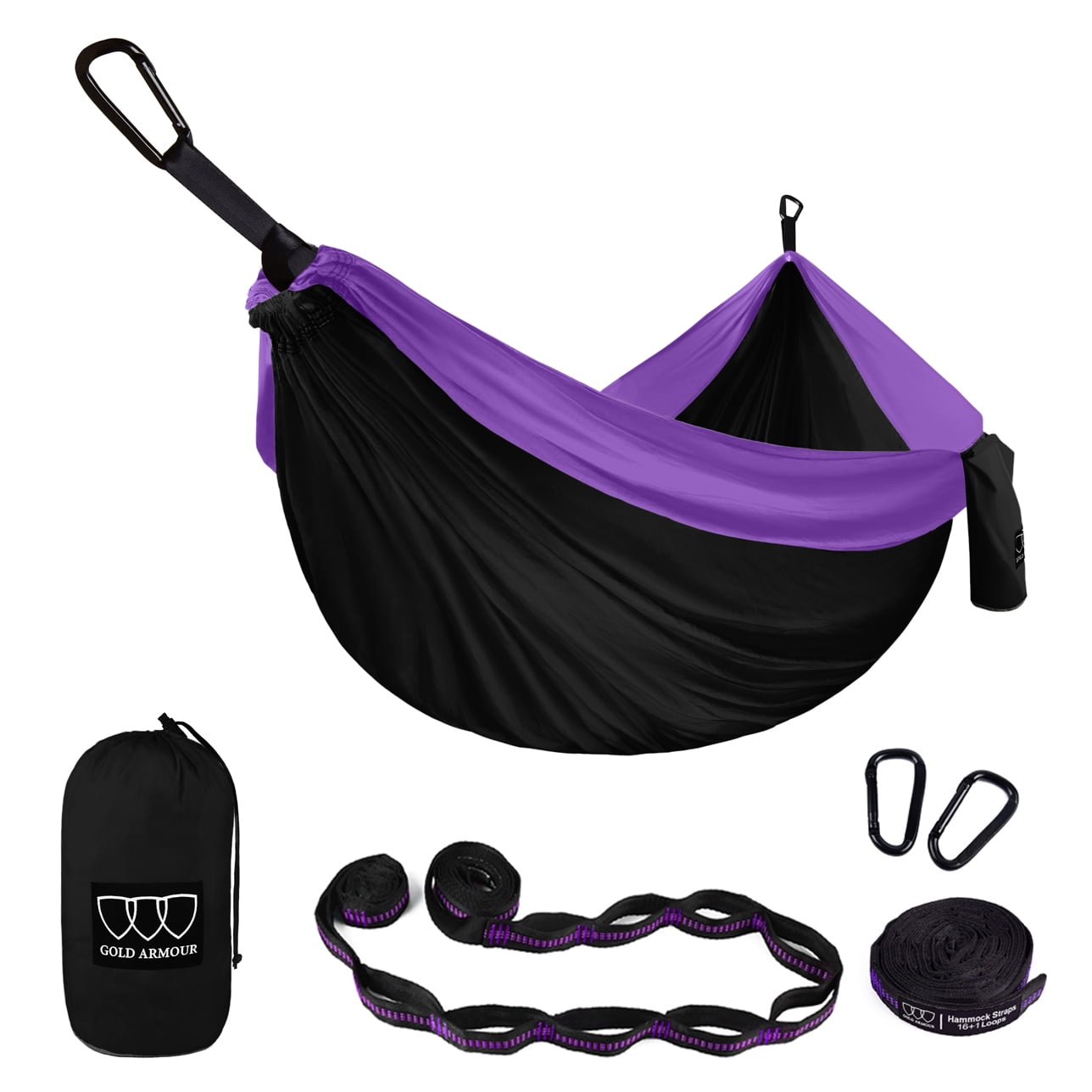 Gold Armour Camping Hammock - Extra Large Double Parachute Hammock Black and Purple