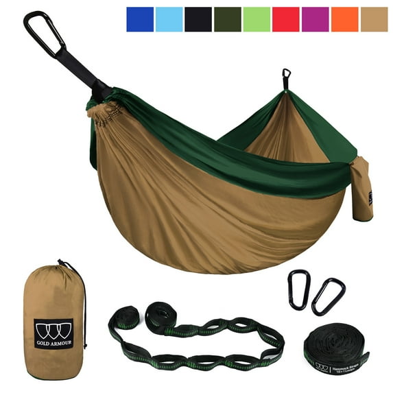 Gold Armour Camping Hammock - Extra Large Double Parachute Hammock Khaki and Dark Green