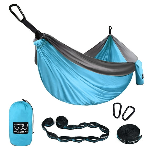Gold Armour Camping Hammock - Extra Large Double Parachute Hammock Sky Blue & Gray