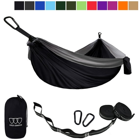 Gold Armour Camping Hammock - Single Parachute Hammock, USA Brand Lightweight Nylon Portable Adult Kids Best Accessories Gear (Black & Grey)