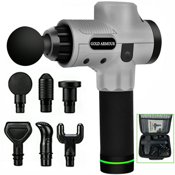 Gold Armour Massage Gun, 30 Adjustable Speeds Muscle Therapy Gun, Hand Held Body Deep Muscle Massager, 6 Types of Massage Heads, Quiet & Comfortable Muscle Soreness Relieves (Silver)