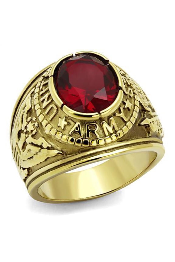Gold Army Ring for Men and Women Unisex Stainless Steel Military Class Ring with Red Stone
