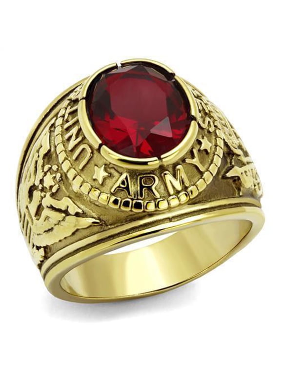 Gold Army Ring for Men and Women Unisex Stainless Steel Military Class Ring with Red Stone