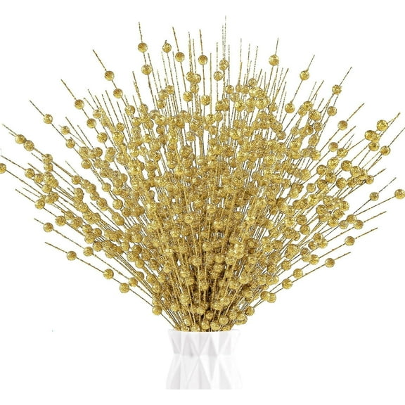 Gold Artificial Glitter Berry Stem Ornaments, 10Pcs 17 inches Fake Christmas Picks Decorative Glitter Bead Sticks for Christmas Tree DIY Wreath Crafts Vase Gift Fireplace Holiday Home Decor