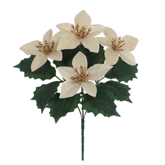 Gold Artificial Poinsettia Flowers Bouquet 11.02 Inch, Faux Metallic Gold Poinsettia Bush with 4 Heads, Christmas Flowers for Home Xmas Tree Garden Indoor Outdoor Holiday Decor