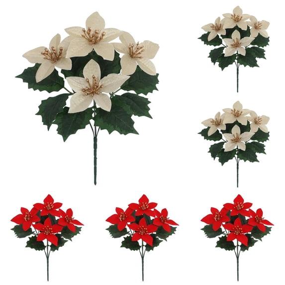 Gold Artificial Poinsettia Flowers Bouquet 11.02 Inch, Faux Metallic Gold Poinsettia Bush with 4 Heads, Christmas Flowers for Home Xmas Tree Garden Indoor Outdoor Holiday Decor