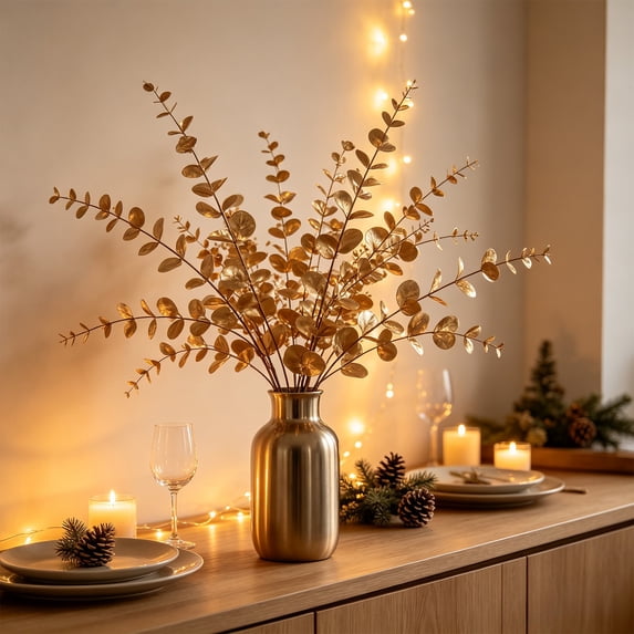 Gold Artificial Winter Leaf Branch for Vase Fillers, Christmas Mantel and Table Decor, 14.5 Inch Plastic Stem