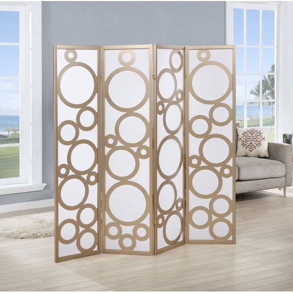 Gold Arvada 4-Panel Wood Room Divider with Circle Pattern, Freestanding Privacy Screen for Living Room Bedroom, 70 Tall