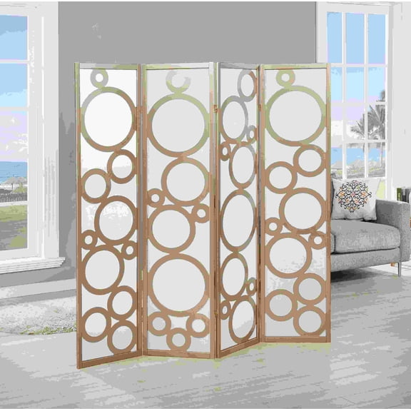 Gold Arvada 4-Panel Wood Room Divider with Circle Pattern, Freestanding Privacy Screen for Living Room Bedroom, 70 Tall