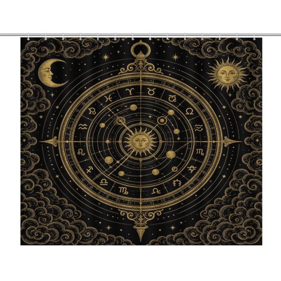 Gold Astrology Chart Zodiac Wheel Print Shower Curtain,Cloth Fabric Waterproof Polyester Bathroom Home Decor Set with Hooks