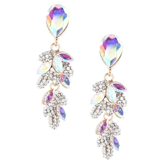 Gold Aurora Borealis Rhinestone Teardrop & Leaf Shaped Dangle Earrings