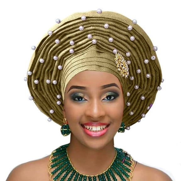 Gold Auto Gele Aso Oke African Head tie Turban Headband Headwear