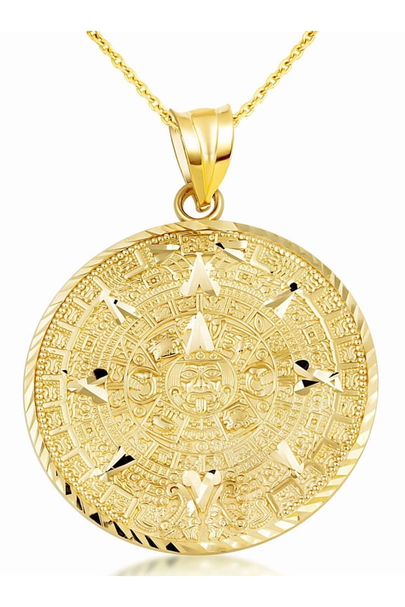 Gold Aztec Calendar Pendant Medallion Necklace (Medium) (10K Yellow Gold, Pendant with 18" chain)