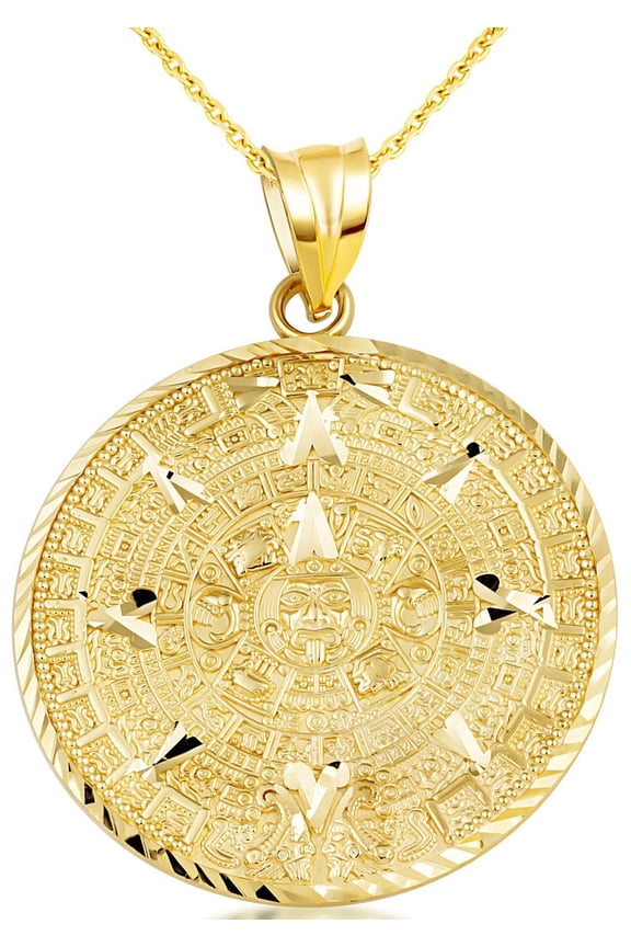 Gold Aztec Calendar Pendant Medallion Necklace (Small) (14K Yellow Gold, Pendant with 18" chain)