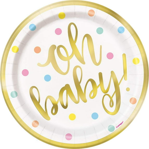 Gold Baby Shower Round Dessert Plates - 8 Pcs
