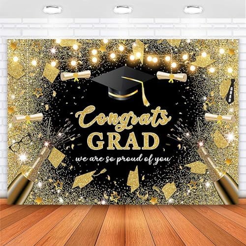 Gold and Balck Congrats Grad Backdrop Class of 2024 Graduation Gold ...