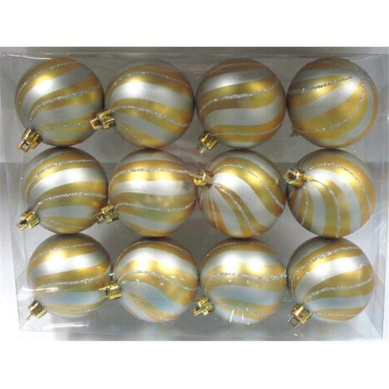 Gold Ball Ornament with Silver Spiral Design, Pack of 12