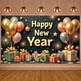 thumbnail image 1 of Gold Balloons Happy New Year Banner Gift Boxes New Year Display Fireworks Design Star Decorations Festive Backdrop for New Year Party Holiday Celebration Indoor Decoration, 1 of 8