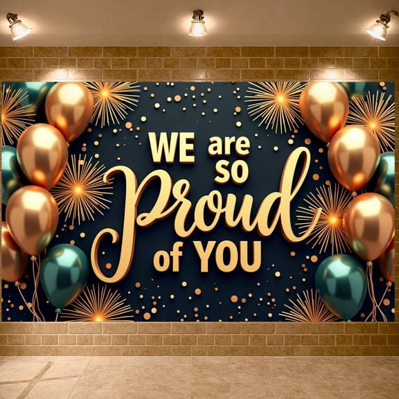 Gold Balloons Proud of You Banner Teal Balloons Achievement Display Firework Decor Metallic Design Recognition Backdrop for Graduation Ceremony Employee Recognition Achievement Celebration