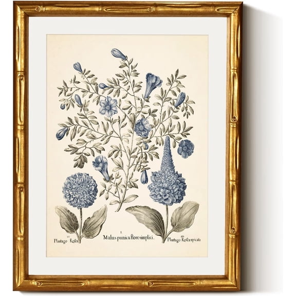 Gold Bamboo Framed Canvas Wall Art, Retro Blue Hydrangea Botanical Prints, Antique Flowers Picture Frame with Mat, Victorian Home Wall Decor for Kitchen Living Room Bedroom, 11x14inch