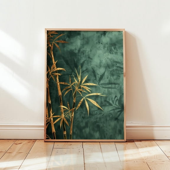Gold Bamboo Jade Green Asian Zen Wall Art Home Decor Unframed Paper Print