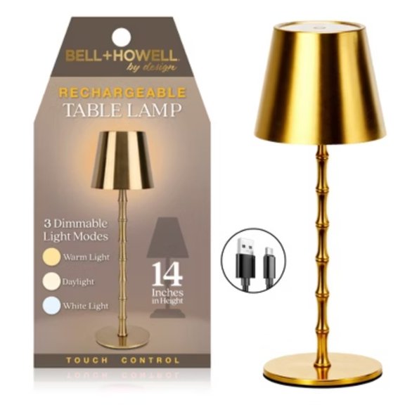 Gold Bamboo Rechargeable Touch Control LED Table Lamp Cordless Portable Dimmable Light