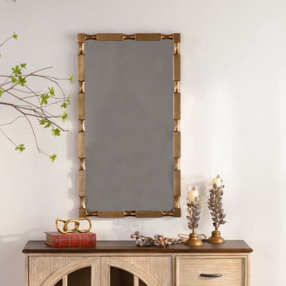 Gold Bamboo-Style Rectangular Wall Mirror, Textured Frame for Living Room/Bedroom/Entryway Decor