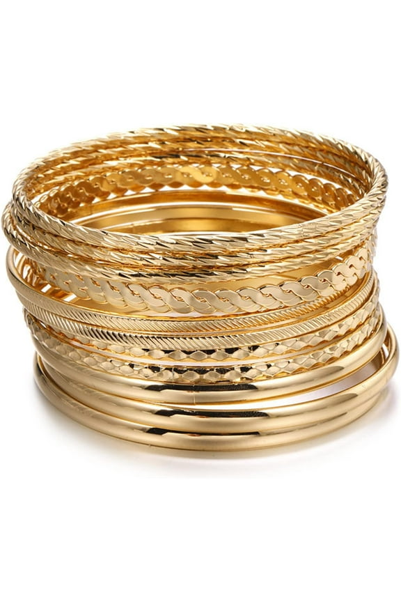 Gold Bangle Bracelets for Women  12-Piece Stackable Boho Indian Style Bangles  14K Gold Plated Jewelry for Elegant and Sexy Looks
