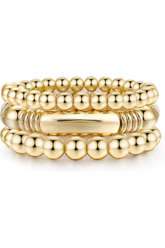 Gold Bangles Bracelet for Women Chunky Curved Stacking Plated Bead Ball Stretchable Bracelets