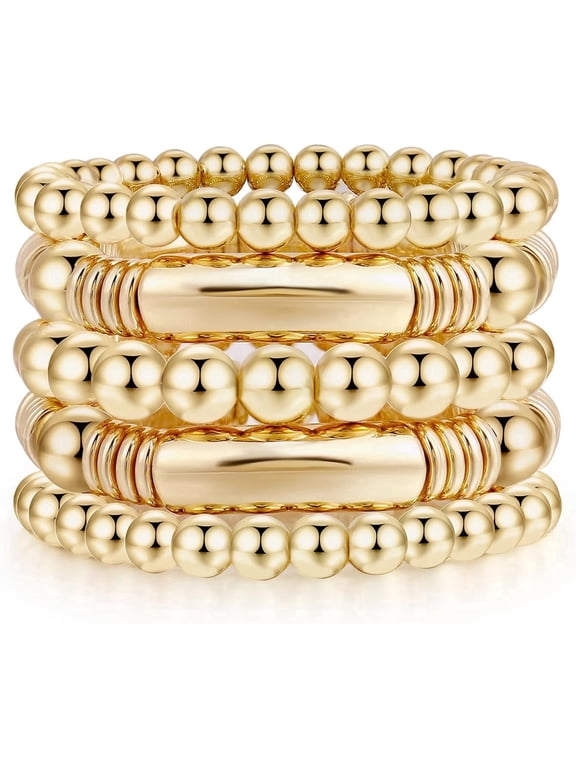 Golden Bangles Bracelet for Women Chunky Curved Stacking Plated Bead Ball Stretchable Bracelets
