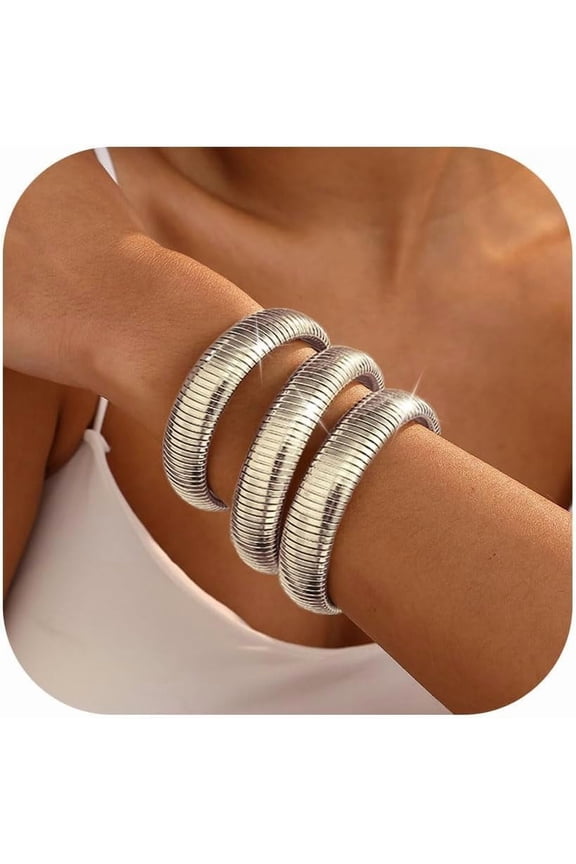 Gold Bangles for Women Set of 3 Chunky Stretch Bangles Bracelets 24K Gold Plated Stainless Steel Bracelets Flexible Wide Stack Bracelets Designer Look Alike Jewelry for Women