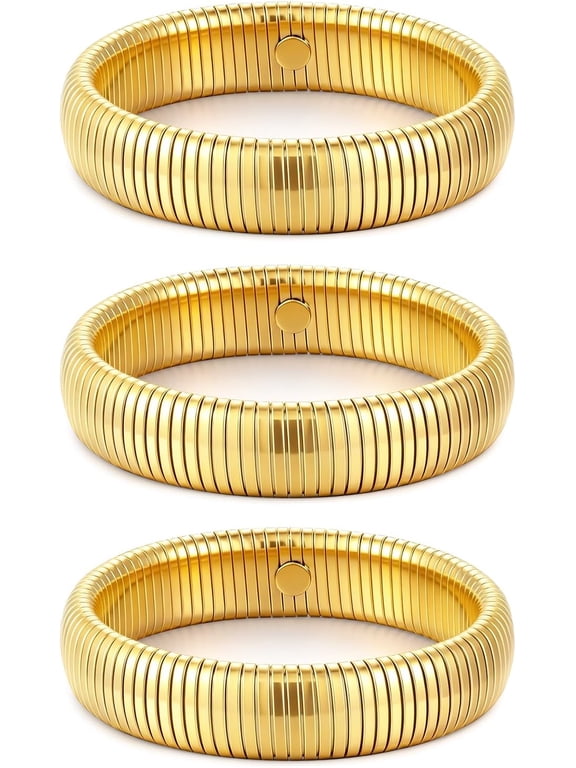 Gold Bangles for Women Set of 3 Chunky Stretch Bangles Bracelets 24K Gold Plated Stainless Steel Bracelets Flexible Wide Stack Bracelets Designer Look Alike Jewelry for Women