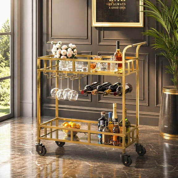 Gold Bar Cart with 2 Mirrored Shelves, Rolling Home Serving Cart with Wine Rack and Glass Holder, Mobile Beverage Cart with 360° Wheels for Kitchen, Dining Room & Parties
