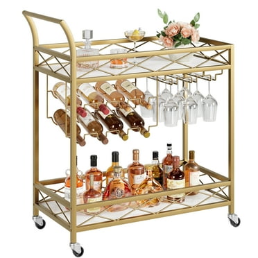 Gold Bar Cart, 2 Tier Bar Cart with Wheels, Gold Bar Cart with Wine Rack and Glass Holders for Living Room, Kitchen, Dining Room