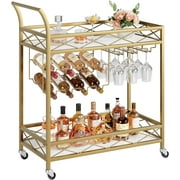 Gold Bar Cart, 2 Tier Bar Carts for The Home, Bar Carts with Wheels, Serving Cart with White Marble Finish Wood Shelf, Wine Rack & Glass Holder for Kitchen, Living Room, Dining Room