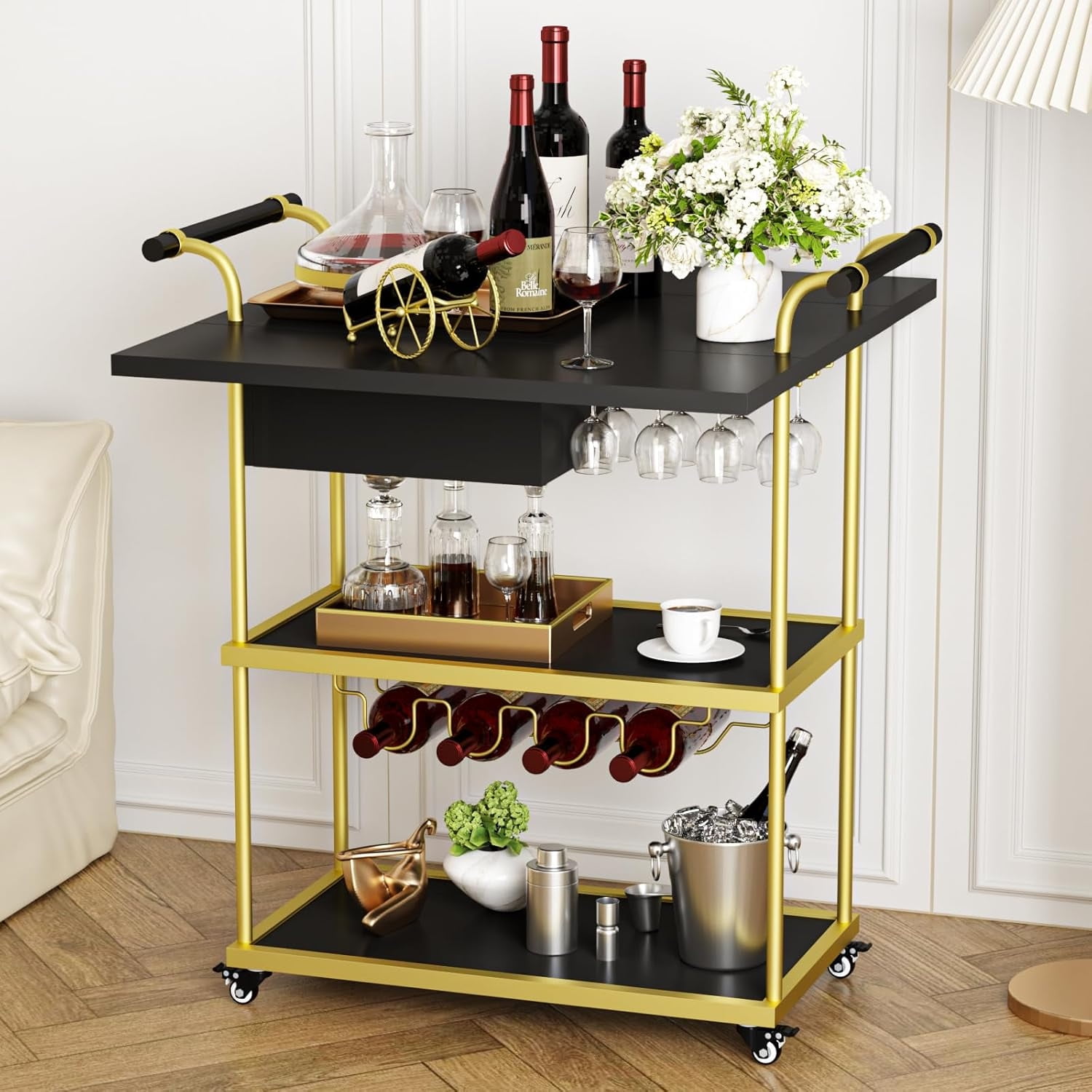 Gold Bar Cart 3 Tier Bar Serving Cart on Wheels with Storage and