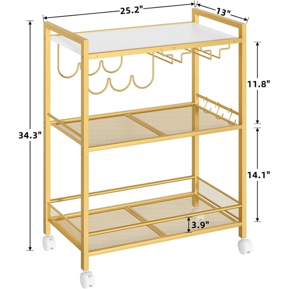 Gold Bar Cart with 3-Tier Shelf, Microwave Cart with Lockable Wheels, Mobile Kitchen Serving Cart with Wine Rack and Glass Holder for Home Dining Room