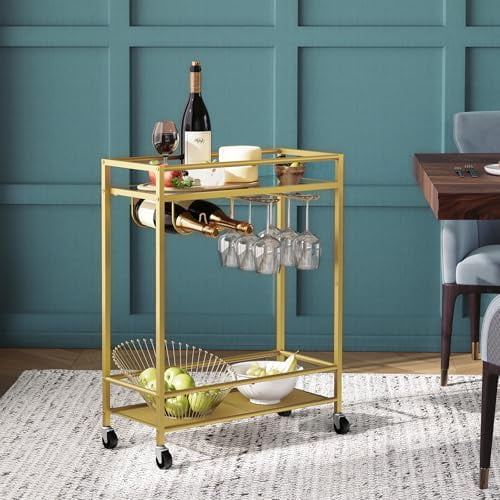 Tekola Gold Bar Cart, Beverage Cart with Wheels, Bar Cart for The Home, 2-Tier Drink Cart with Wine Rack and Glass Holder, Kitchen, Dining Room, Gold RCJ63B01Z