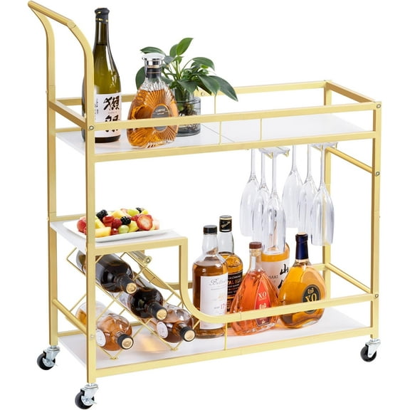 Gold 2-Tier Bar Cart Wine Rack & Glass Holder, Mobile with Wheels, Ideal for Kitchen/Dining Room
