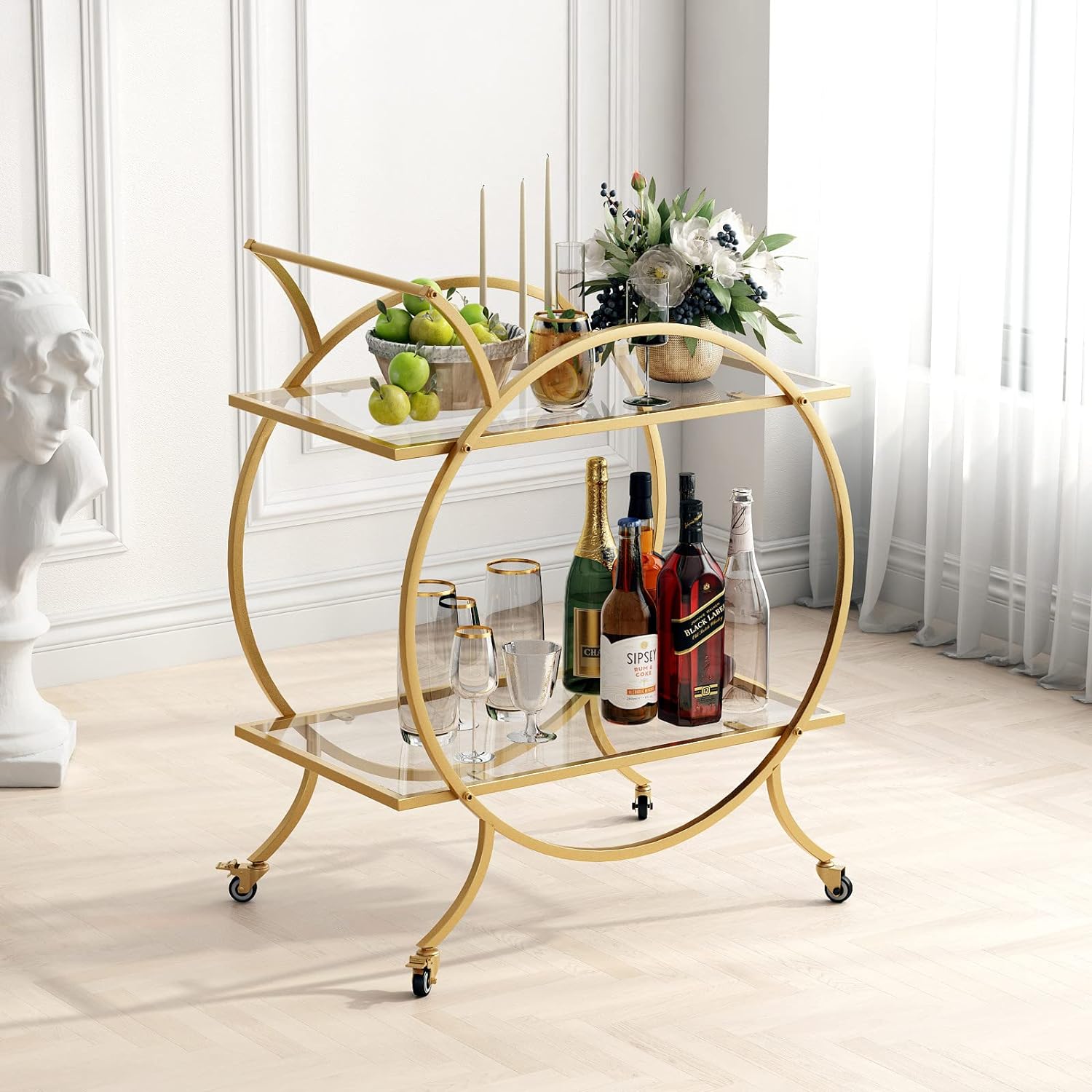 Gold Bar Carts with 3 Tier Glass Shelves, Rolling Serving Bar Cart with