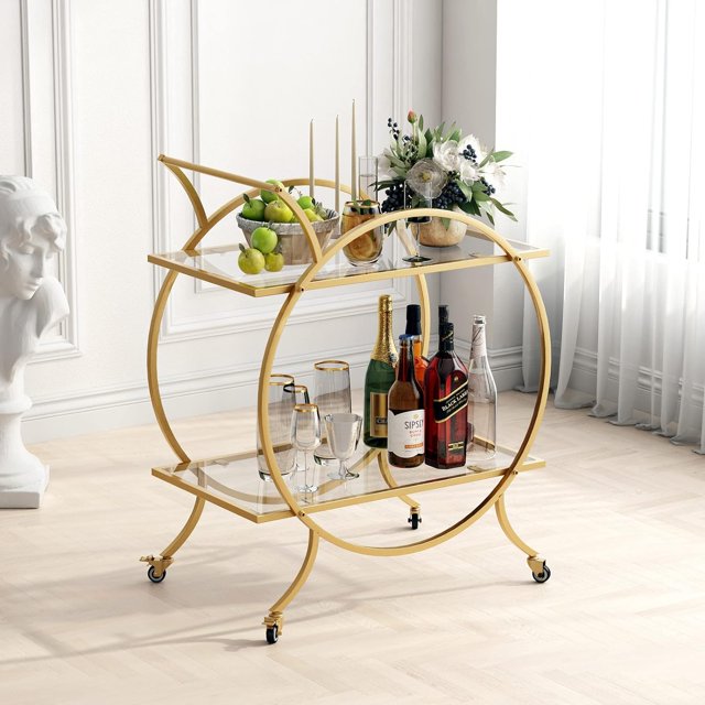 Gold Bar Carts with 3 Tier Glass Shelves, Rolling Serving Bar Cart with