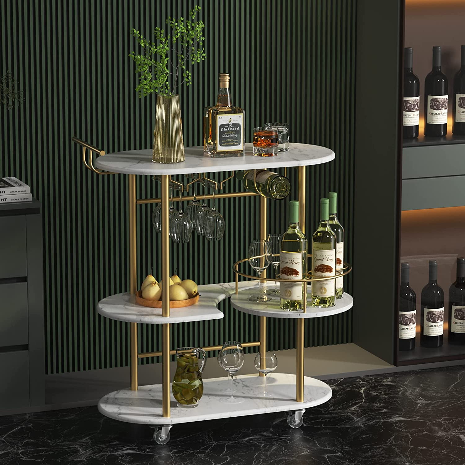 Gold Bar Carts with 4-Tier Storage Shelves, Mobile Bar Serving Cart ...