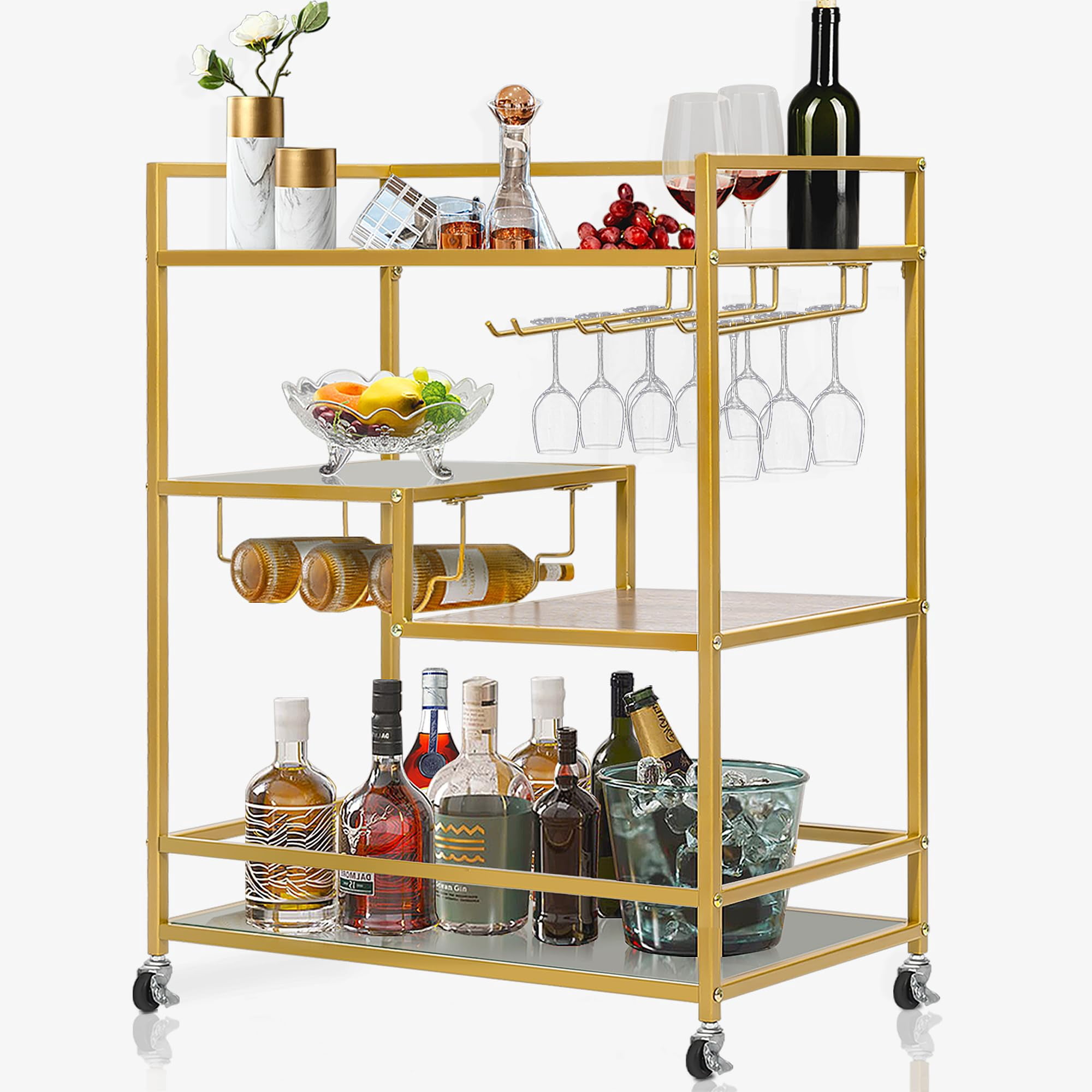 Gold Bar Serving Cart with 4 Shelves, Rolling Wine Cart with Tempered ...