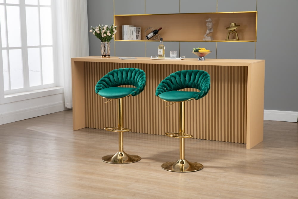Gold Bar Stool Set of 2, Velvet Swivel Woven Barstools, Height Adjustable Counter Stools with