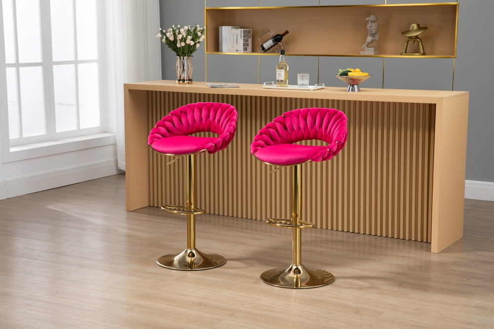Gold Bar Stool Set of 2, Velvet Swivel Woven Barstools, Height