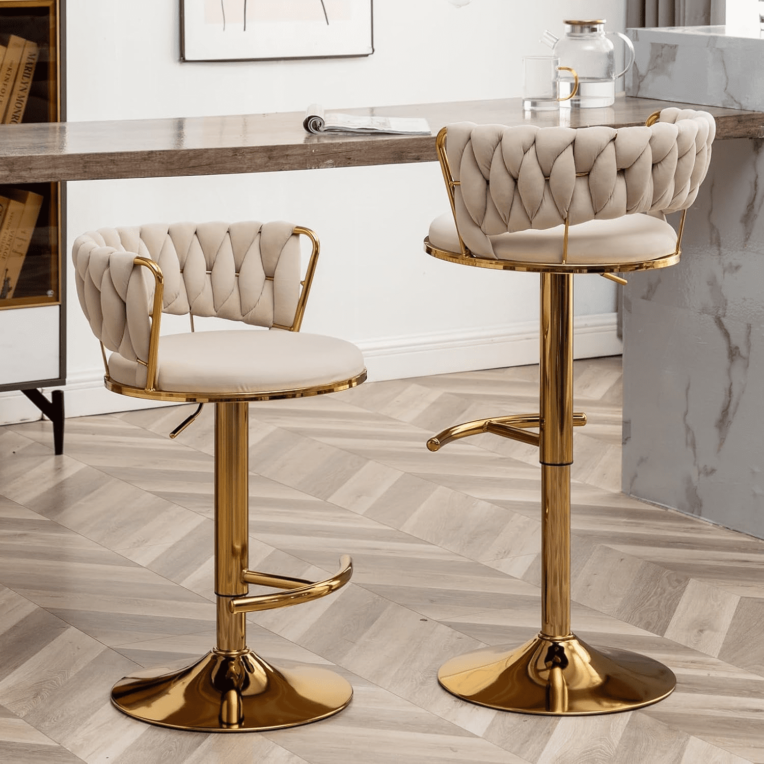 Gold Bar Stools Counter Height Bar Stools with Low Back Velvet Adjustable Height Barstools 360