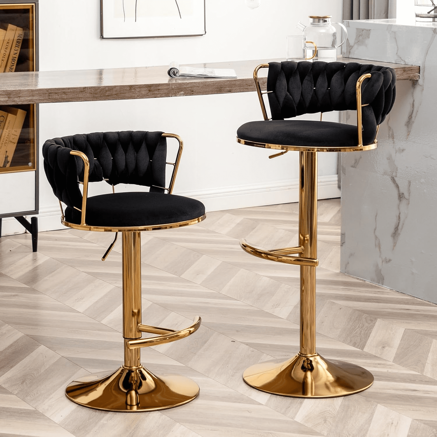 Gold Bar Stools Counter Height Bar Stools with Low Back Velvet Adjustable Height Barstools 360