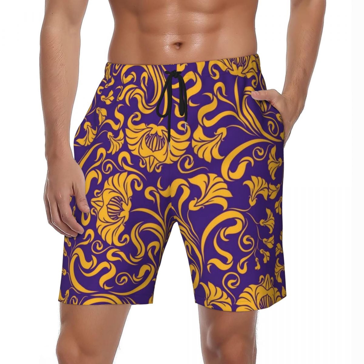 Gold Baroque Floral Gym Shorts Summer Vintage Print Sports Board Short
