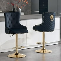 Gold Barstools Set of 2,Velvet Swivel Bar Height Stools with Lion Pull Ring,Upholstered Counter Height Stools with High Tufted Back,Modern Adjustable Bar Chairs for Kitchen Island/Cafe, Black